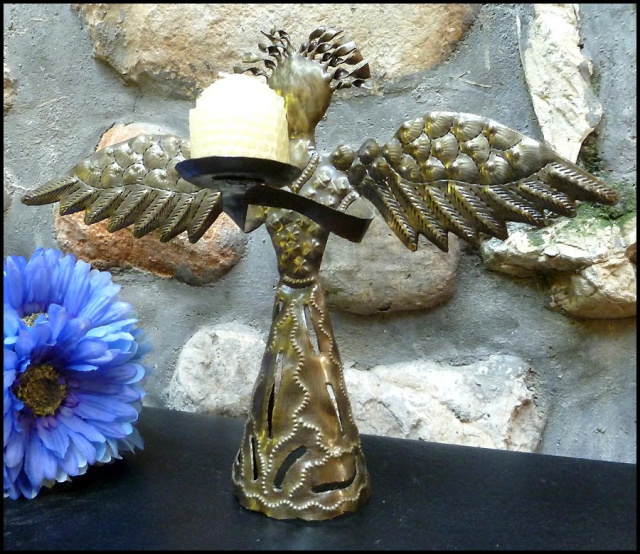 Metal angel candle holder. Haitian steel drum art